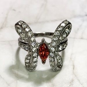 Sterling Silver Butterfly with Orange Stone Ring